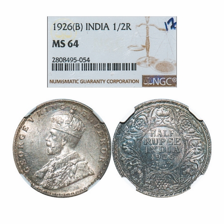 George V, Silver, Half Rupee, 1926, Bombay Mint, Dot. GK 1068. NGC Slabbed MS 64. Very Rar