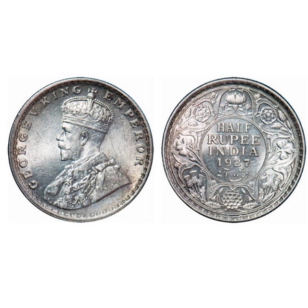 George V, Silver, Half Rupee, 1927, Calcutta mint, No dot. GK 1069. Brilliant Uncirculated