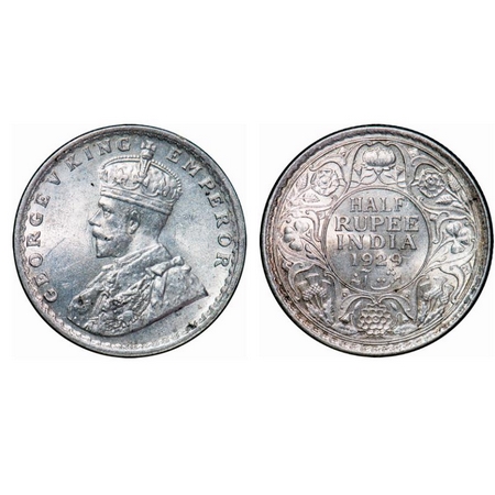 George V, Silver, Half Rupee, 1929, Calcutta Mint, No dot. GK 1071. Uncirculated. Rare.