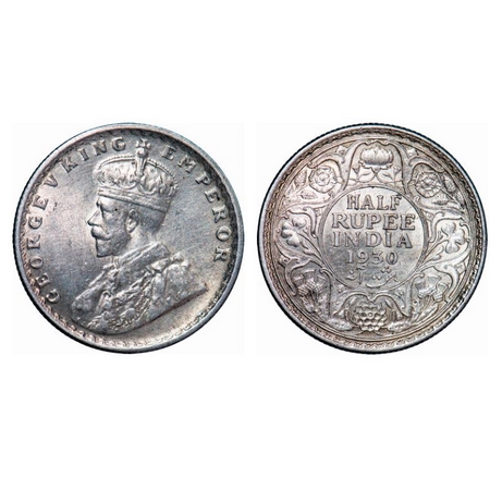 George V, Silver, Half Rupee, 1930, Calcutta Mint, No dot. GK 1072. Uncirculated. Rare.