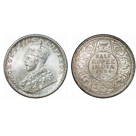 George V, Silver, Half Rupee, 1934, Calcutta Mint, No dot. GK 1074. Uncirculated. Scarce.