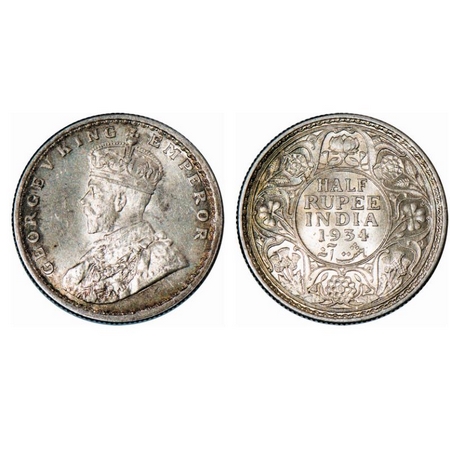George V, Silver, Half Rupee, 1934, Calcutta Mint, No dot. GK 1074. Brilliant Uncirculated
