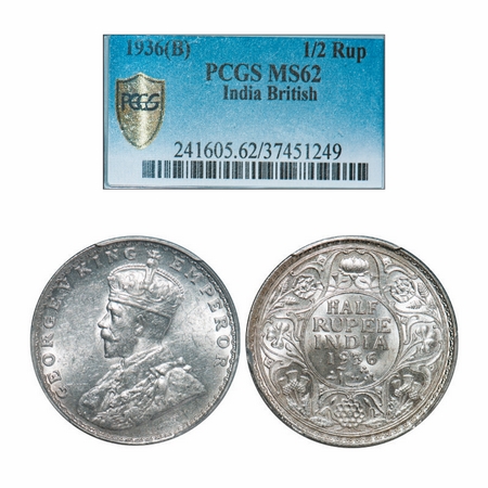George V, Silver, Half Rupee, 1936, Bombay Mint, Dot. GK 1076. PCGS Slabbed MS 62. Very Sc