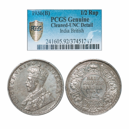George V, Silver, Half Rupee, 1936, Bombay Mint, Dot. GK 1076. PCGS Slabbed UNC Detail, Cl