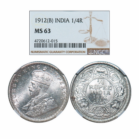 George V, Silver, 1/4 Rupee, 1912, Bombay Mint, Dot, Redrawn Elephant. GK 1082. NGC Slabbe