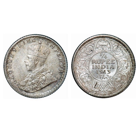George V, Silver, 1/4 Rupee, 1913, Calcutta Mint, No dot. GK 1083. Uncirculated. Very Scar