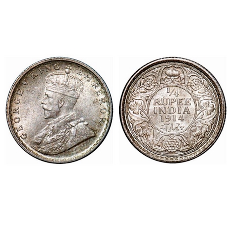 George V, Silver, 1/4 Rupee, 1914, Calcutta Mint, No dot. GK 1085. Uncirculated. Very Scar