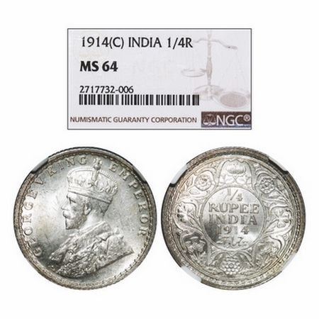 George V, Silver, 1/4 Rupee, 1914, Calcutta Mint, No dot. GK 1085. NGC Slabbed MS 64. Rare