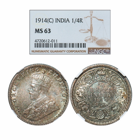 George V, Silver, 1/4 Rupee, 1914, Calcutta Mint, No dot. GK 1085. NGC Slabbed MS 63. Very