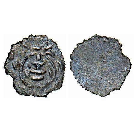 Pallava, (6-8 Cen AD), Potin, 0.22g, 11.33x11.15mm, Obv: A shrivatsa on a platform between