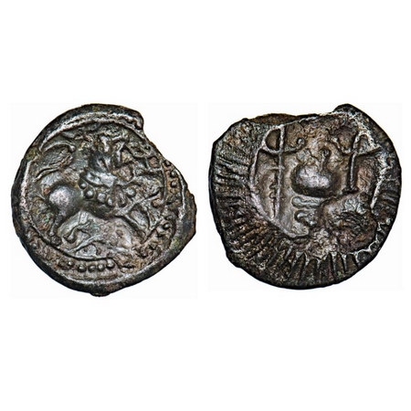 Vishnukudins, Bell Metal, 7.66g, Obv: Conch shell (shankha) in an ornate rayed border, Rev