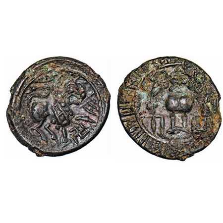 Vishnukundin, Andhra Region, Copper base Alloyed, 6.63gm, Obv: Lion walking to right, swas