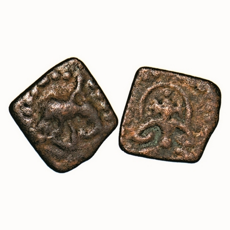Rashtrakutas, Copper, 0.58g, 8.058x9.03mm, Obv: Elephant with a rider, Rev: A deity seated