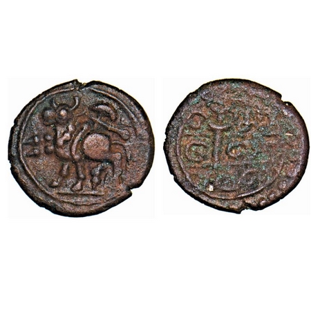 Konerirayanm Vijayanagar Feudotry, Copper Kasu, 1.75gm, Obv: Bull walking to left above ba