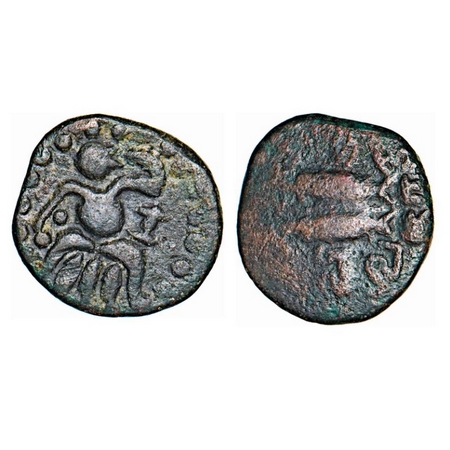 Madurai Nayakas, (16 Cen AD), Copper, 3.75g, Obv: Standing Human (king), Rev: Two fish(spe
