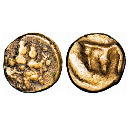 Ikkeri Nayakas, (17 Cen AD), Gold Fanam, 0.36g, Obv: Seated Shiva and Parvati, Rev: Devana