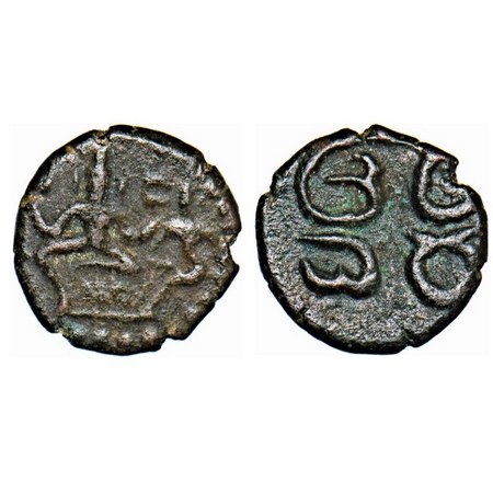 Madurai Nayaks, Copper Kasu, 1.09gm, Obv: Siva and Parvati seated on throne, Rev: Tamil le