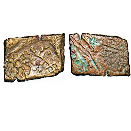 Post Mauryan, Copper, 1.09g, 8.67x11.82mm, Obv: A six arm symbol and a tree in railing, Re