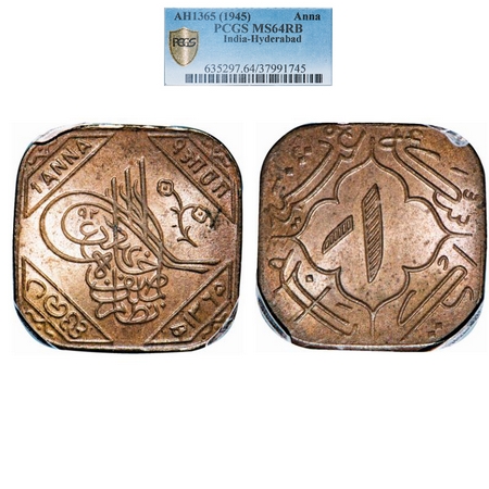 Hyderabad, Copper 1 Anna, Mir Usman Ali Khan (AH 1329-1367, 1911-1948 AD), AH 1365, Tughra