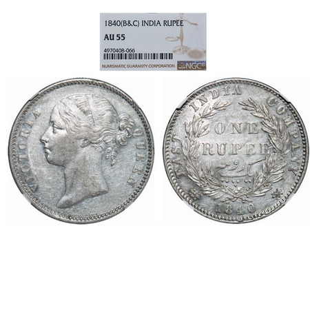 Victoria Queen, Silver, Rupee, 1840, DL, Calcutta Mint, W.W. Raised, Wreath with 28 Berrie