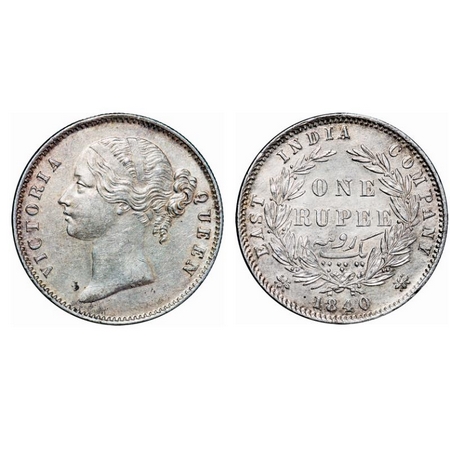 Victoria Queen, Silver, Rupee, 1840, DL, Madras Mint, W.W. 'B' raised, Wreath with 28 Berr