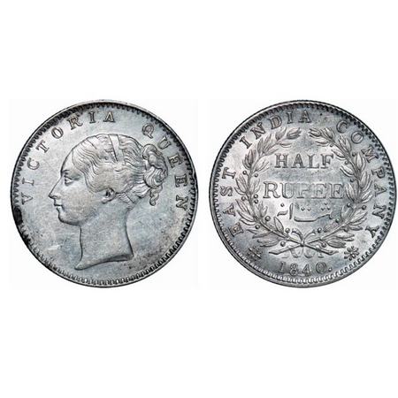 Victoria Queen, Silver, Half Rupee, 1840, CL, Calcutta Mint, A/I, English Head, Wreath wit