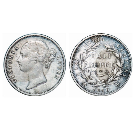 Victoria Queen, Silver, Half Rupee, 1840, DL, Calcutta Mint, .W.W incused, Wreath with 24 