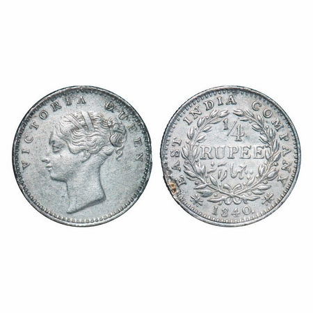 Victoria Queen, Silver, ¼ Rupee, 1840, CL, Madras Mint, A(a)/I, 'S' incused and 'V' raised