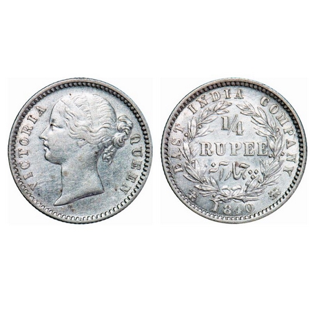 Victoria Queen, Silver, ¼ Rupee, 1840, DL, Calcutta Mint, W.W. raised, Wreath with 10 Berr