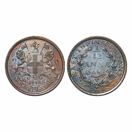 Victoria Queen, Copper, 1/12 Anna, 1848, Calcutta Mint, Rev aligned, Wreath with 23 Berrie