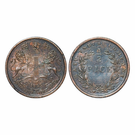 Victoria Queen, Copper, ½ Pice, 1853, Calcutta Mint, B/I, Elongated beads above year numer