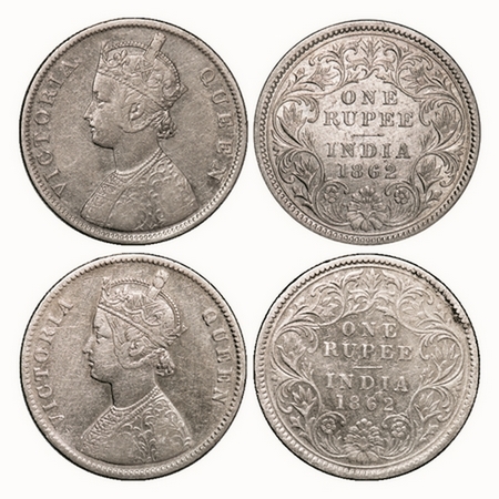 Victoria Queen, Silver, Rupee, (2 coins), 1862, Calcutta Mint, 1) B/III, embroidery in hig
