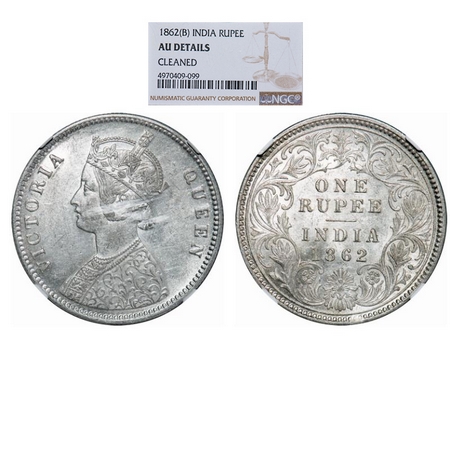 Victoria Queen, Silver, Rupee, 1862, Calcutta Mint, A/I/0/0, With initial 'J'. GK 255. NGC
