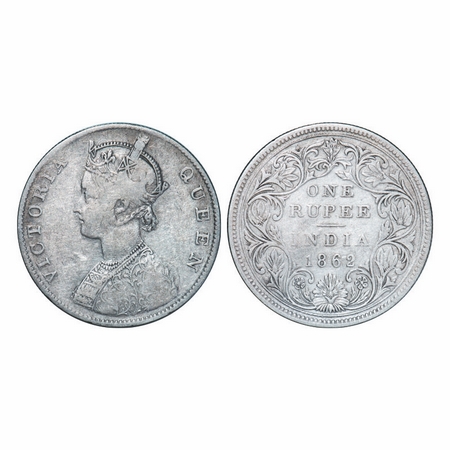 Victoria Queen, Silver, Rupee, 1862, Madras Mint, B1/II/0/0, w/o enclosed frame effect. GK