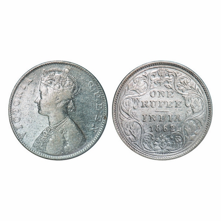 Victoria Queen, Silver, Rupee, 1862, Bombay Mint, D/II/0/0, Flower above 'E' of One normal