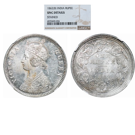 Victoria Queen, Silver, Rupee, 1862, Bombay Mint, A/II/0/4, w/o initial 'J'. GK 308. NGC S