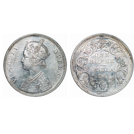 Victoria Queen, Silver, Rupee, 1862, Bombay Mint, A/II/0/6, With half bottom stroke of num