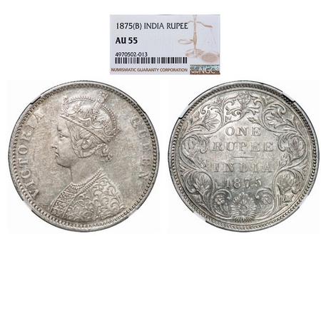 Victoria Queen, Silver, Rupee, 1875, Bombay Mint, A2/II, Dot, Top stroke of numeral 5 long