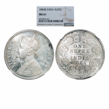 Victoria Empress, Silver, Rupee, 1884, Bombay Mint, A3/I, 'B' raised. GK 489. NGC Slabbed