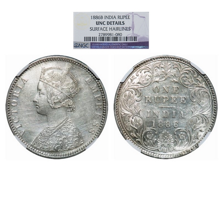 Victoria Empress, Silver, Rupee, 1886, Bombay Mint, C2/I, 'B' incused. GK 523. NGC Slabbed