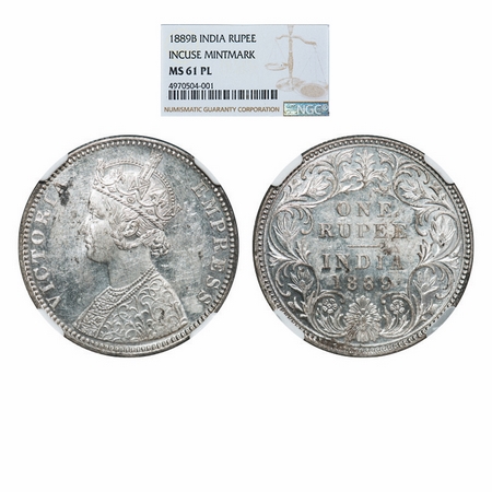 Victoria Empress, Silver, Rupee, Proof Like, 1889, Bombay Mint, C2/I, 'B' incused. NGC Sla