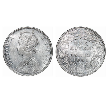 Victoria Empress, Silver, Rupee, 1901, Bombay Mint, A3(i)/I(ii), 'B' incused. GK 591. Unci