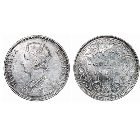 Victoria Empress, Silver, Rupee, 1901, Bombay Mint, C2(ii)/I, 'B' incused. GK 596. About U