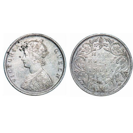 Victoria Queen, Silver, Half Rupee, 1862, Bombay Mint, B1/II, Round pearls, 5 Petals flowe
