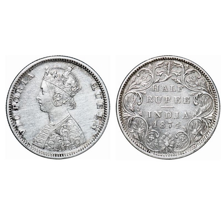 Victoria Queen, Silver, Half Rupee, 1874, Bombay Mint, B2/II, Dot. GK 600. Extremely Fine+