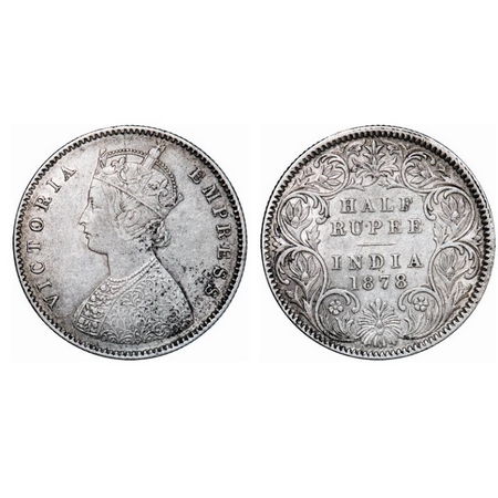Victoria Empress, Silver, Half Rupee, 1878, Calcutta Mint, A/I, No mint mark. GK 612. Abou