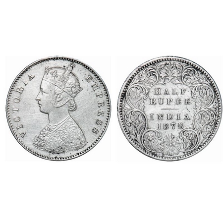 Victoria Empress, Silver, Half Rupee, 1878, Calcutta Mint, A/I, No mint mark. GK 612. Abou