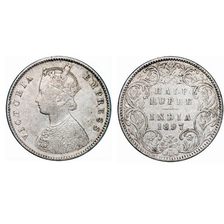 Victoria Empress, Silver, Half Rupee, 1897, Bombay Mint, A/I, 'B' incused. GK 655. About V