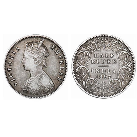 Victoria Empress, Silver, Half Rupee, 1897, Calcuta Mint, A/I, 'C' incused. GK 657. Very F