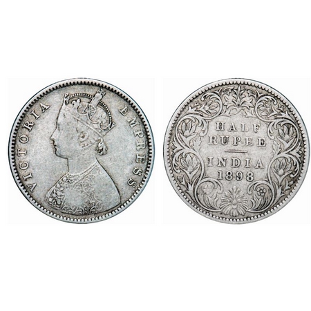 Victoria Empress, Silver, Half Rupee, 1898, Bombay Mint, A/I, 'B' incused, 'B' incused inv